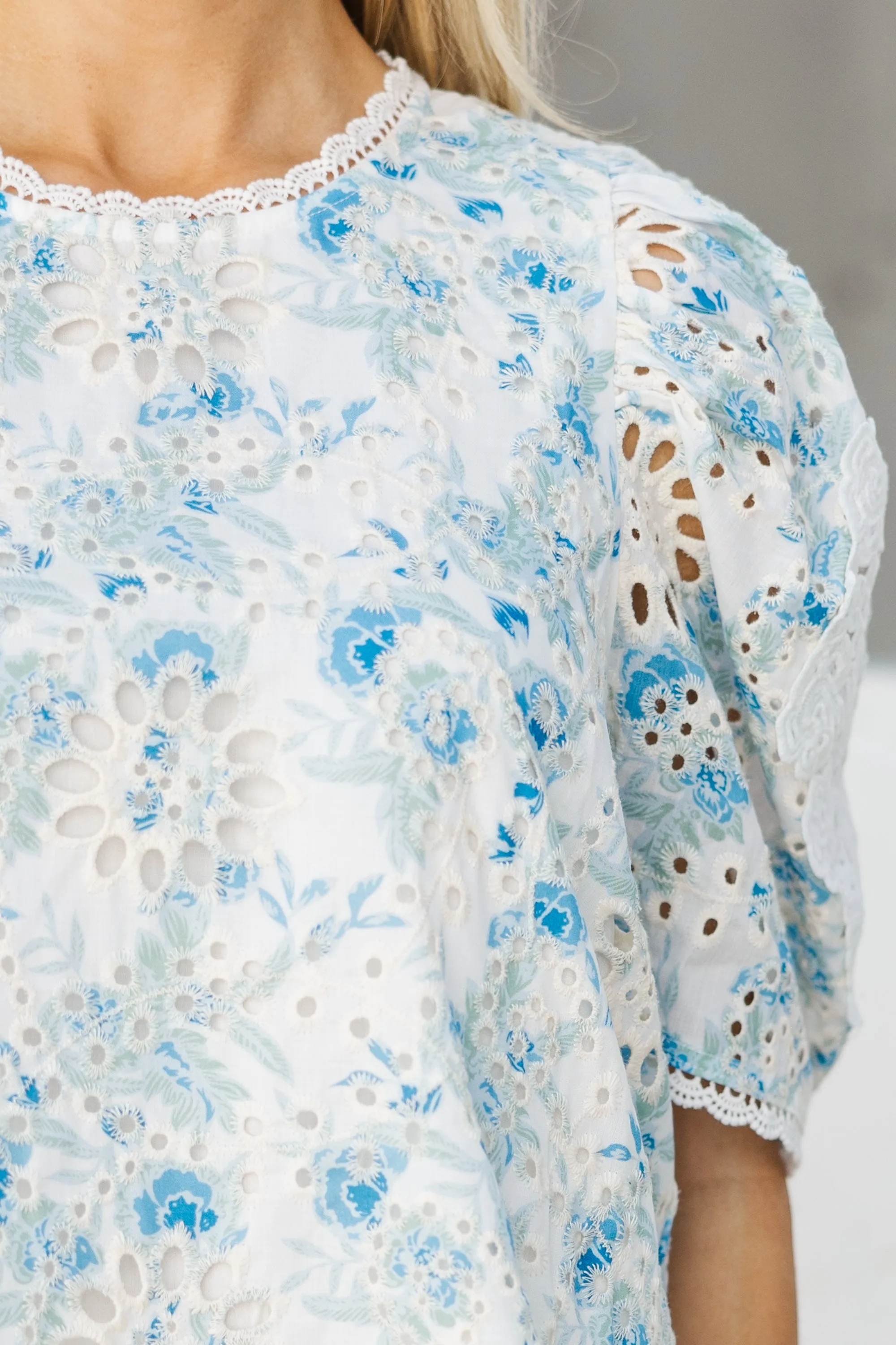 Feeling Joy Blue Floral Eyelet Blouse