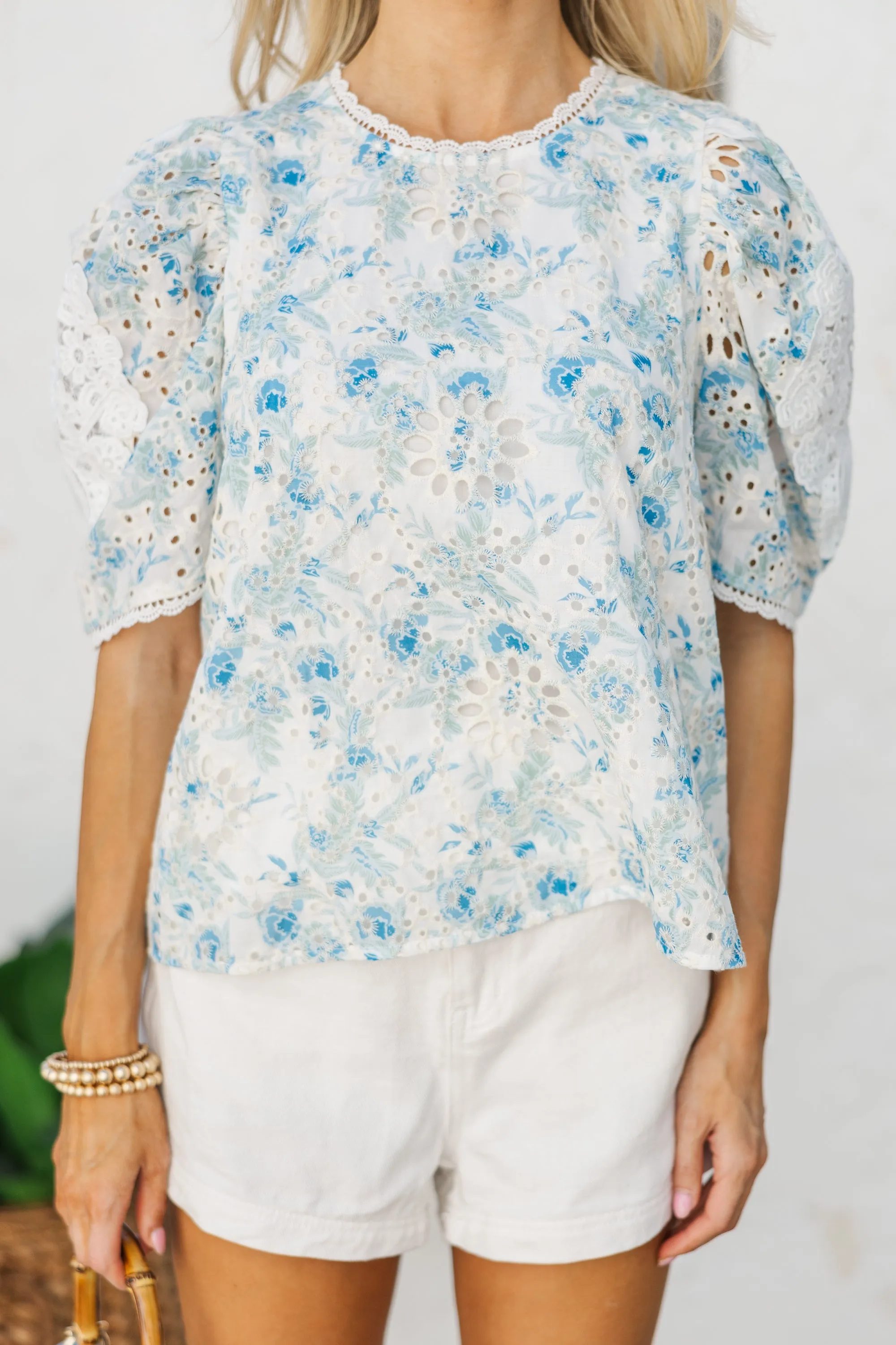 Feeling Joy Blue Floral Eyelet Blouse