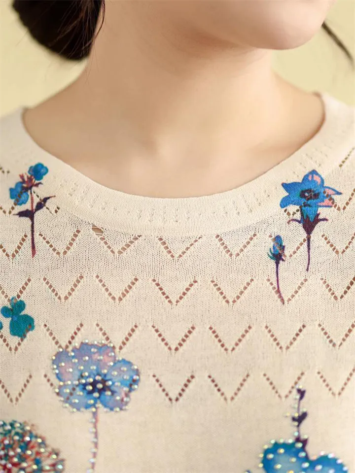 Female Blue Floral Print Crew Neck Short Sleeve Knit Shirt