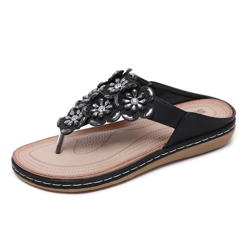 Floral Gemstone Sandals with Decorative Stitching