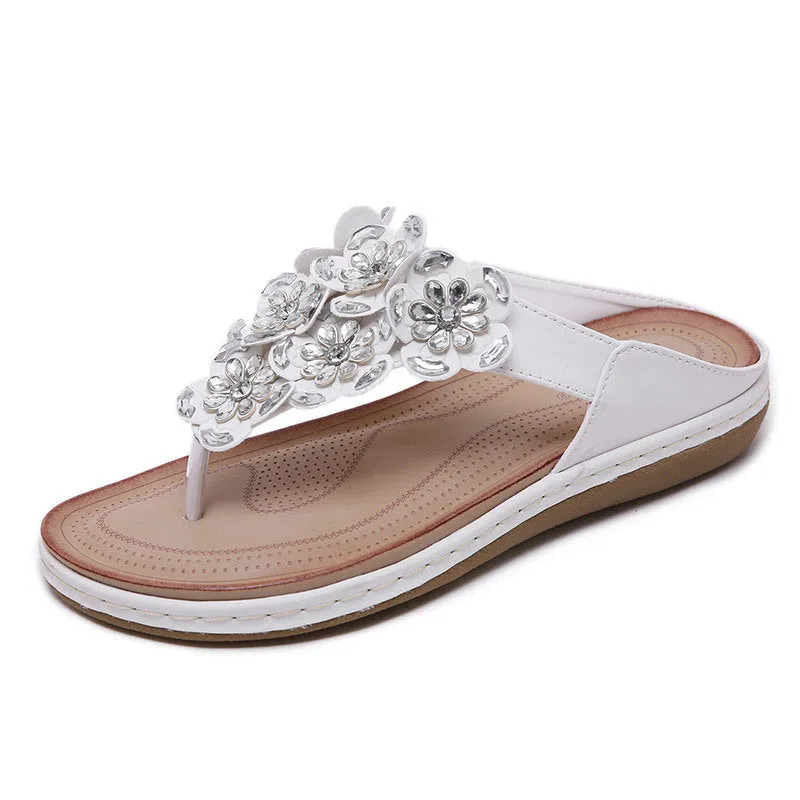 Floral Gemstone Sandals with Decorative Stitching