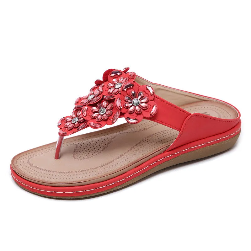 Floral Gemstone Sandals with Decorative Stitching