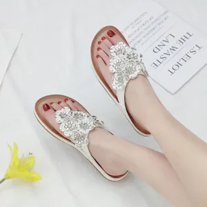 Floral Gemstone Sandals with Decorative Stitching