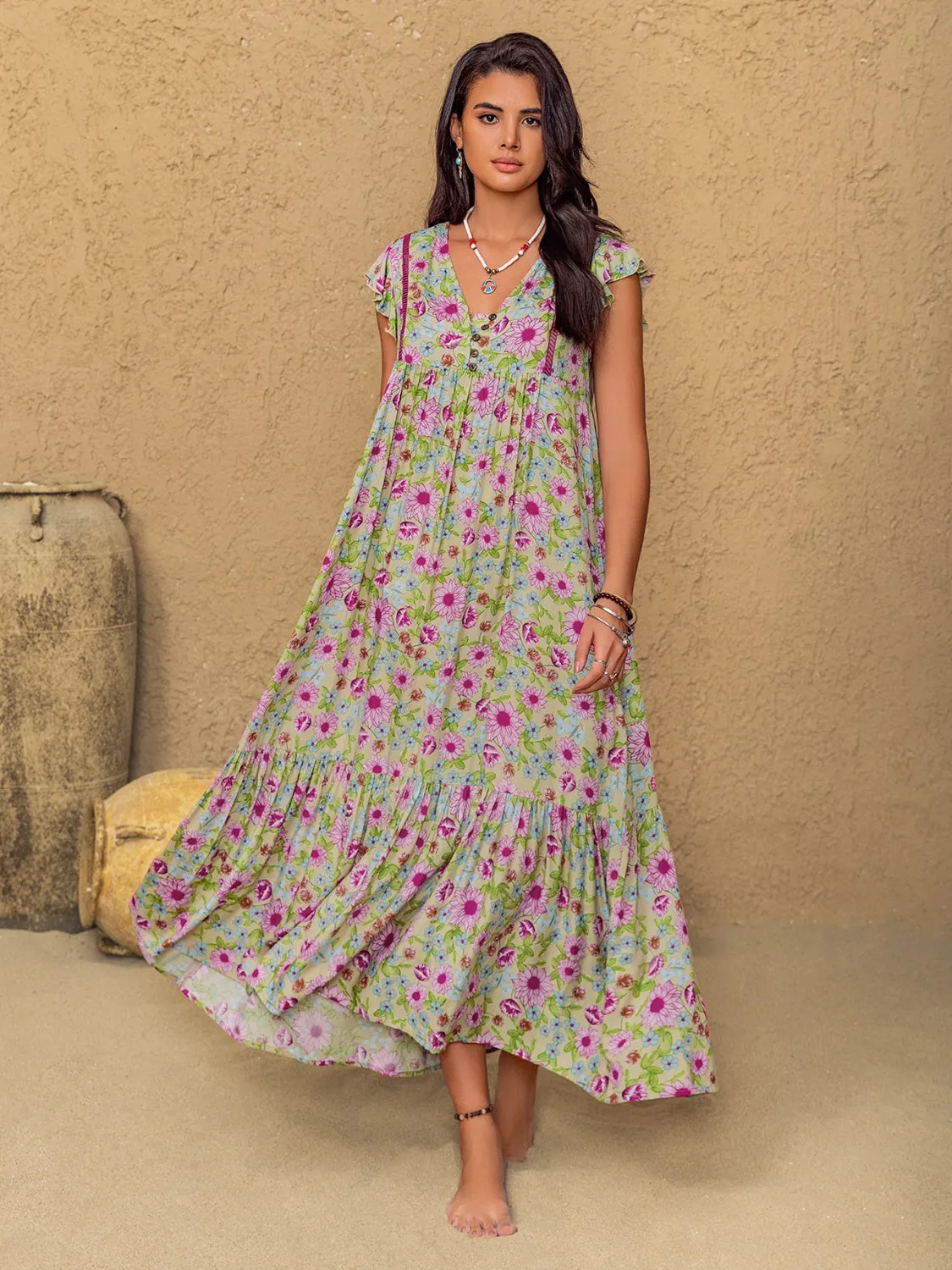 Floral Ruffled Cap Sleeve Tiered Dress
