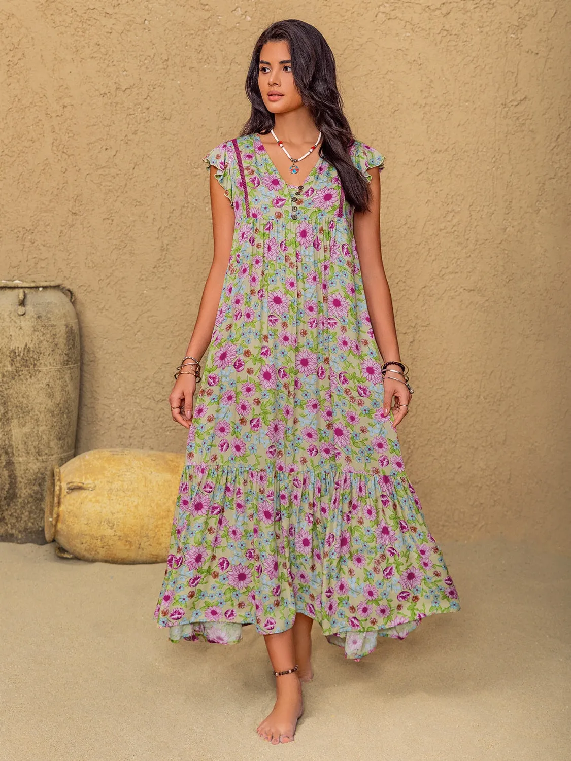 Floral Ruffled Cap Sleeve Tiered Dress
