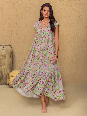 Floral Ruffled Cap Sleeve Tiered Dress