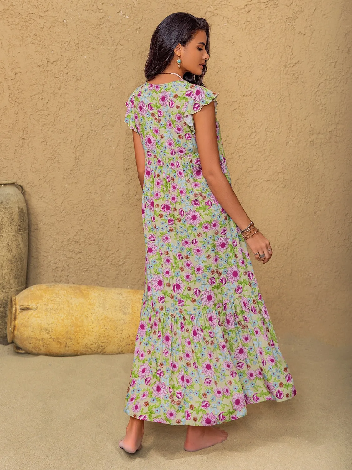 Floral Ruffled Cap Sleeve Tiered Dress