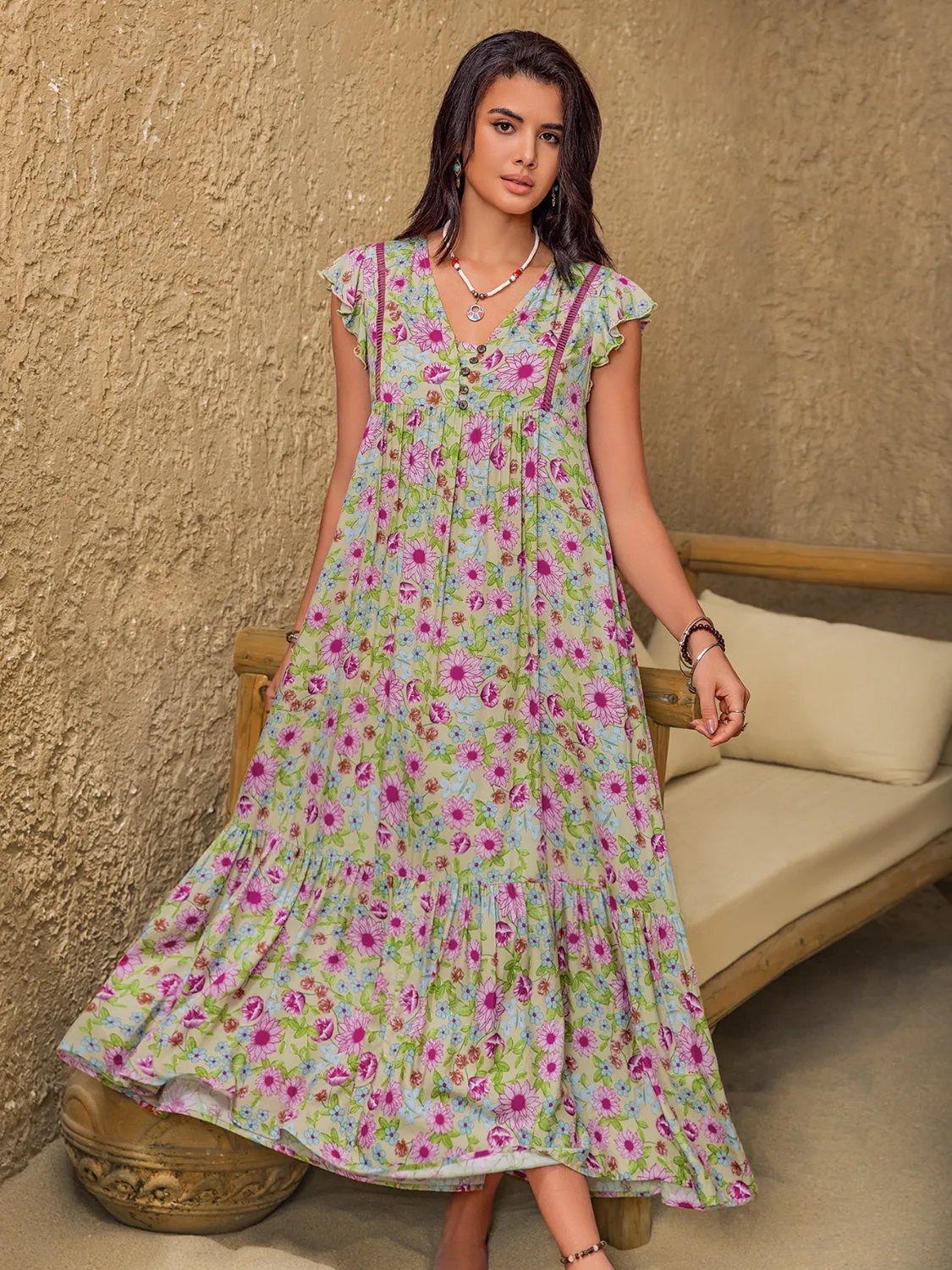 Floral Ruffled Cap Sleeve Tiered Dress