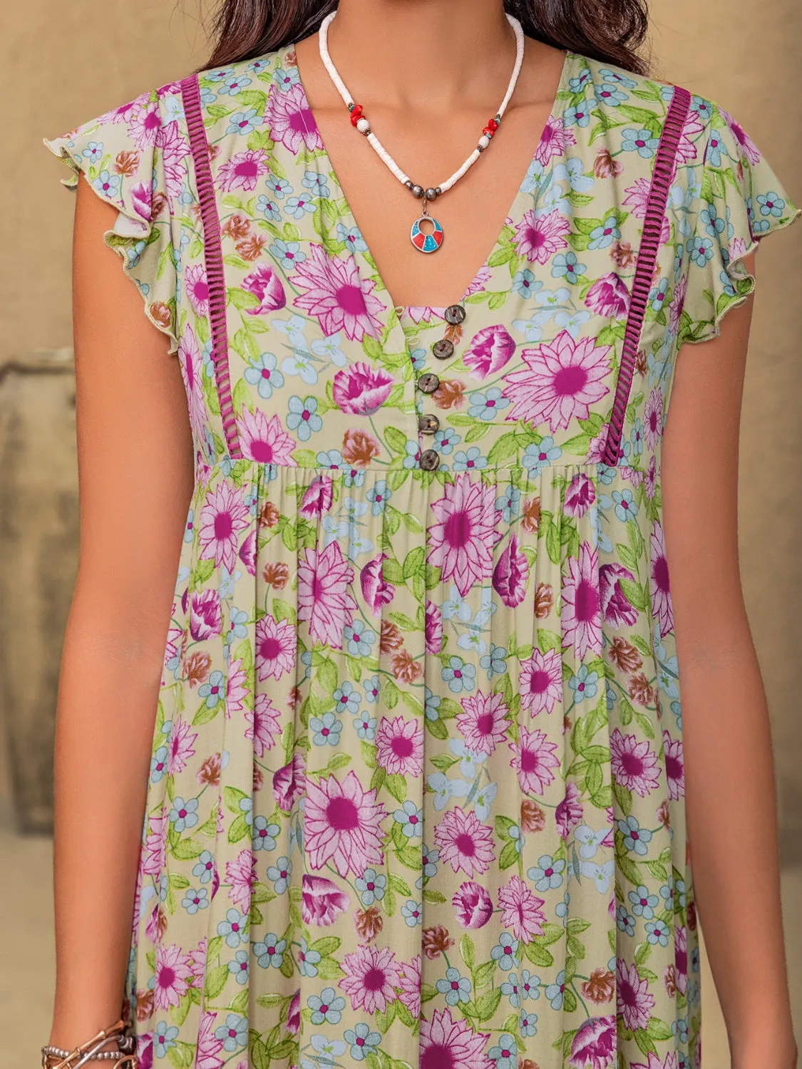 Floral Ruffled Cap Sleeve Tiered Dress