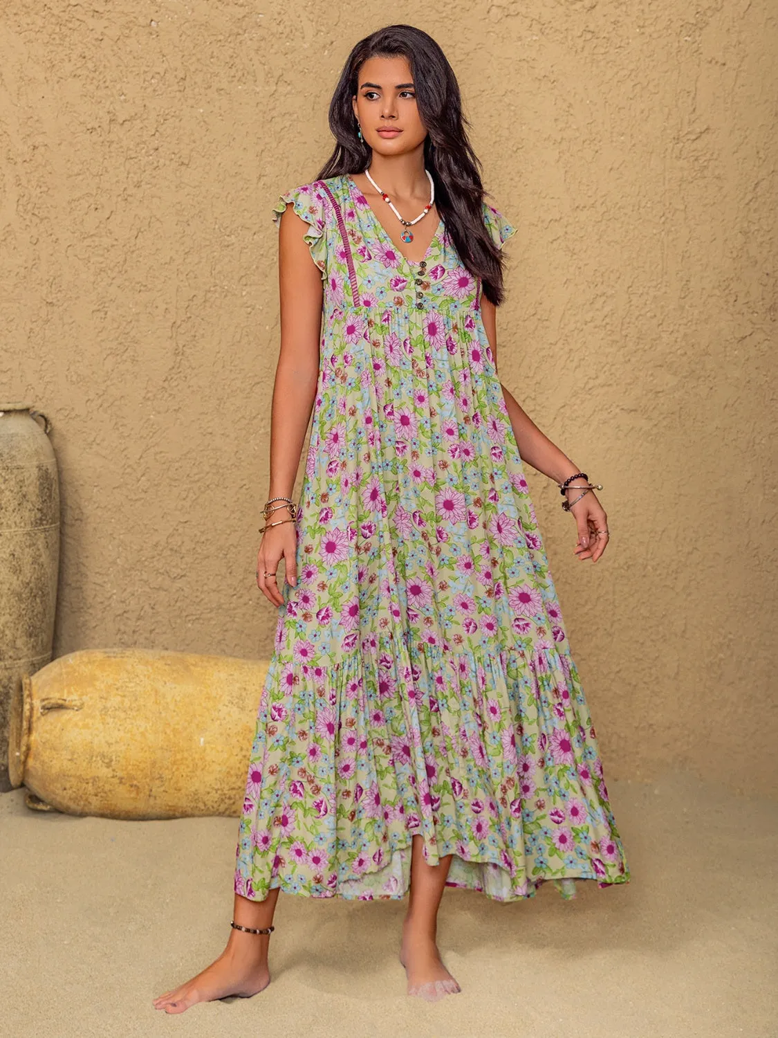 Floral Ruffled Cap Sleeve Tiered Dress