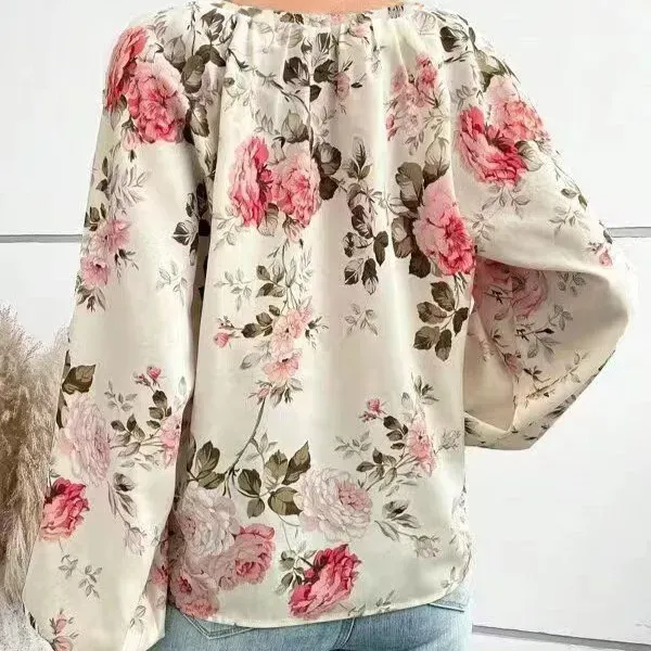 Floral Whispers V-Neck Balloon Sleeve Blouse