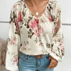 Floral Whispers V-Neck Balloon Sleeve Blouse