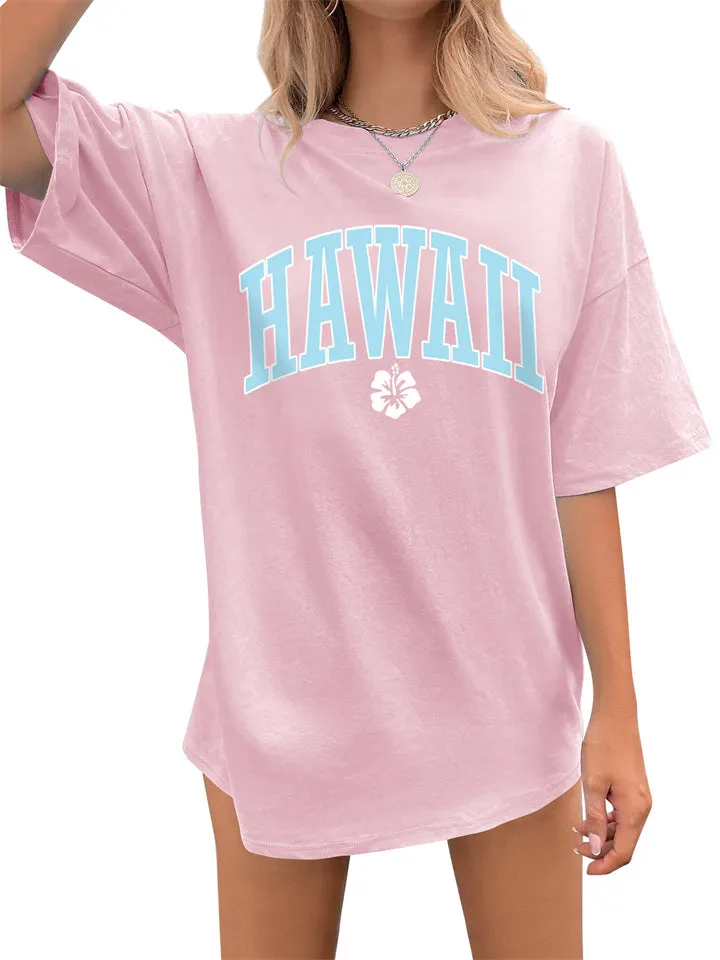 Flower & HAWAII Printed Round Neck T-shirts for Women