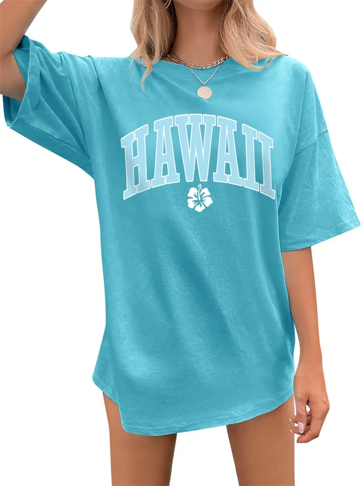 Flower & HAWAII Printed Round Neck T-shirts for Women