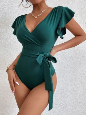 Flutter Charm Short Ruffle Sleeve Backless Bodysuit