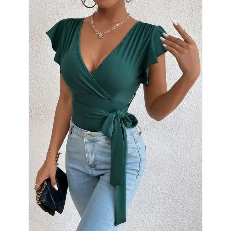 Flutter Charm Short Ruffle Sleeve Backless Bodysuit
