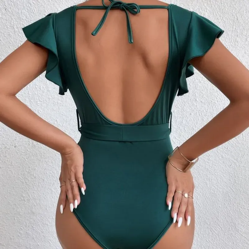 Flutter Charm Short Ruffle Sleeve Backless Bodysuit