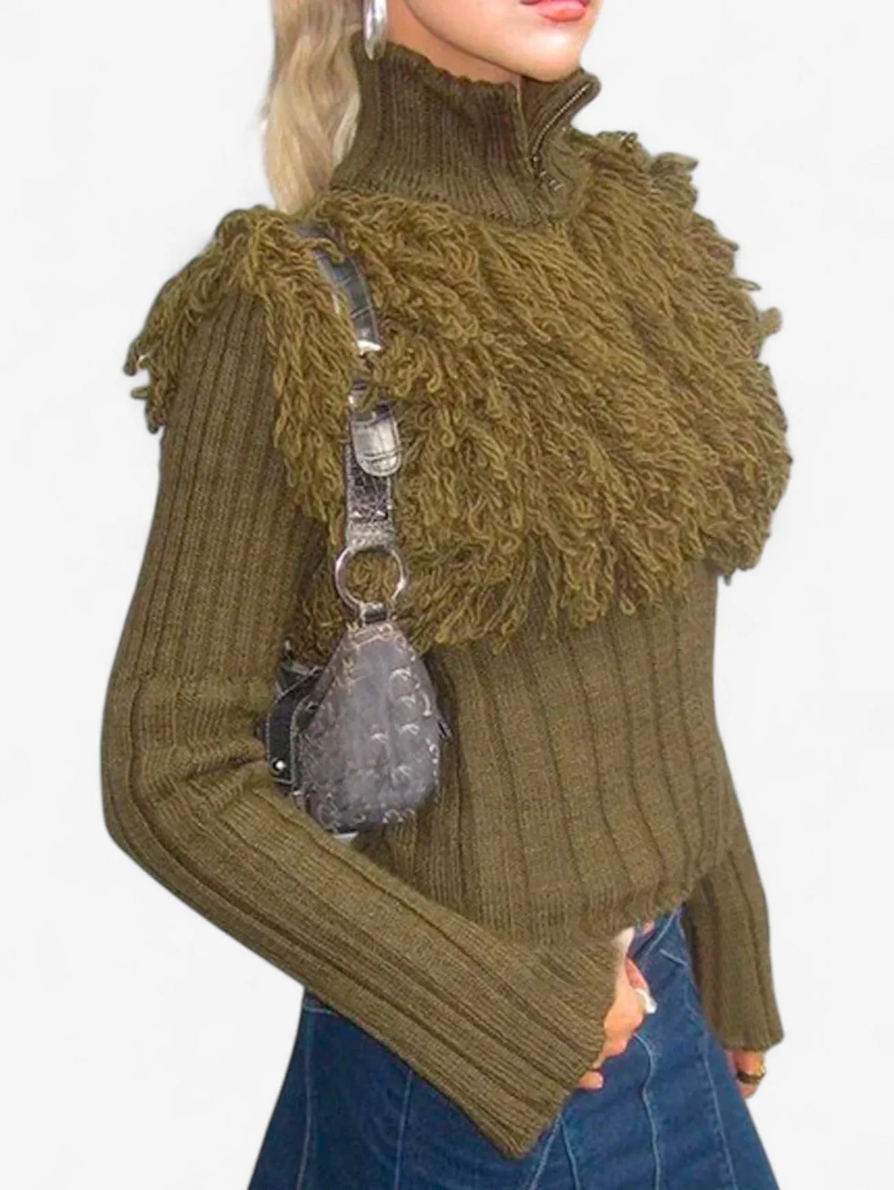 Foxes | Women's Fringe Knit Zip Turtleneck Sweater Vest