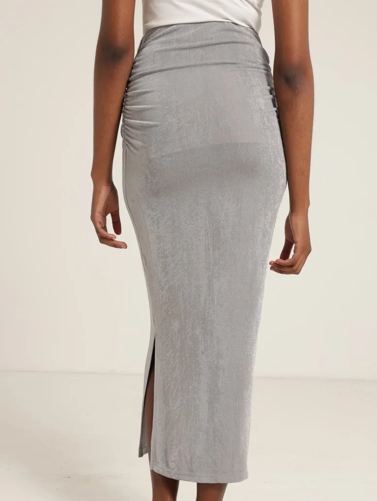 Gauged Side Slinky Bodycon Skirt - Grey