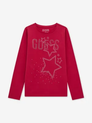 Guess Girls Long Sleeve Logo T-Shirt in Pink