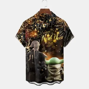 Happy New Year Fireworks Samurai Print Men's Chest Pocket Shirt Big Tall