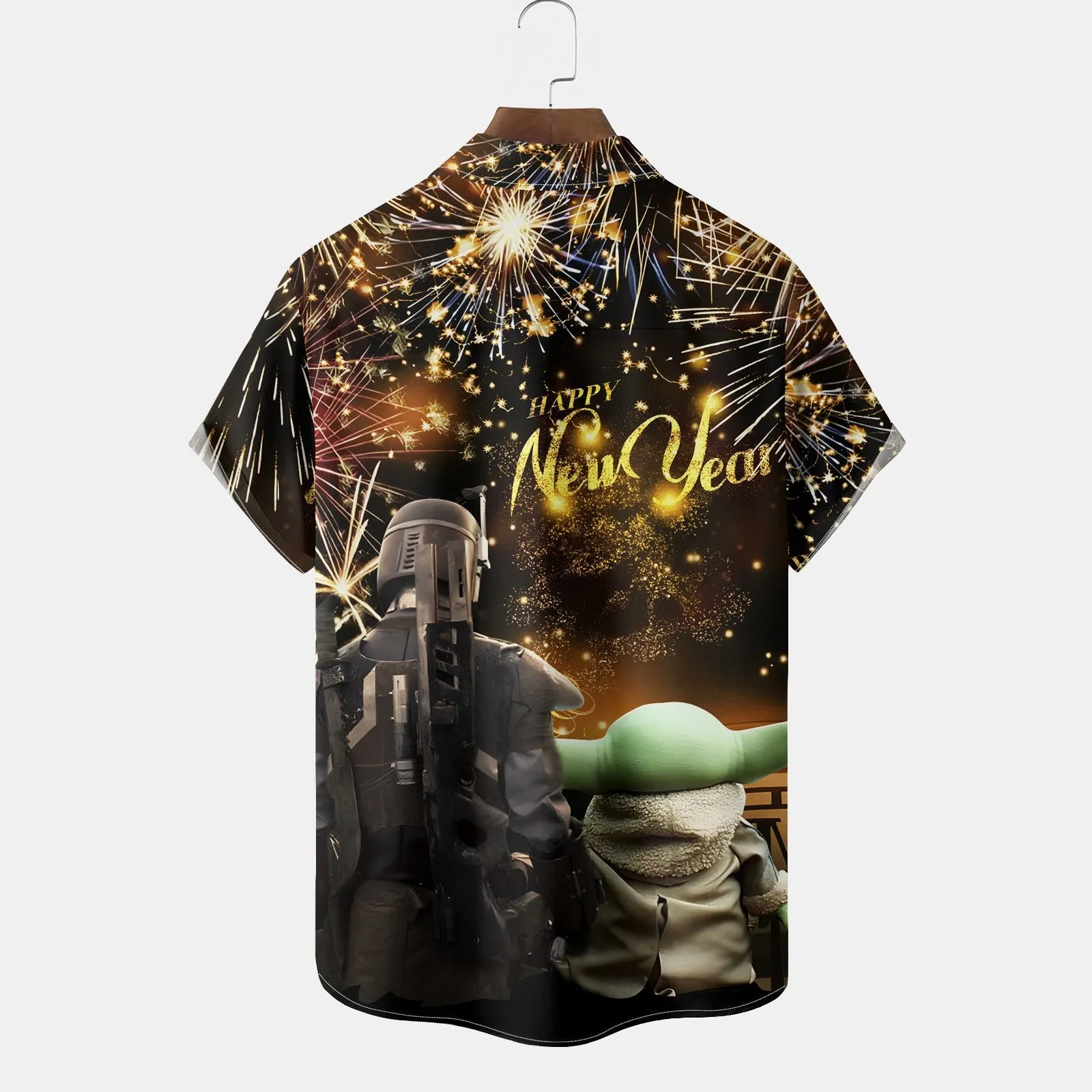 Happy New Year Fireworks Samurai Print Men's Chest Pocket Shirt Big Tall