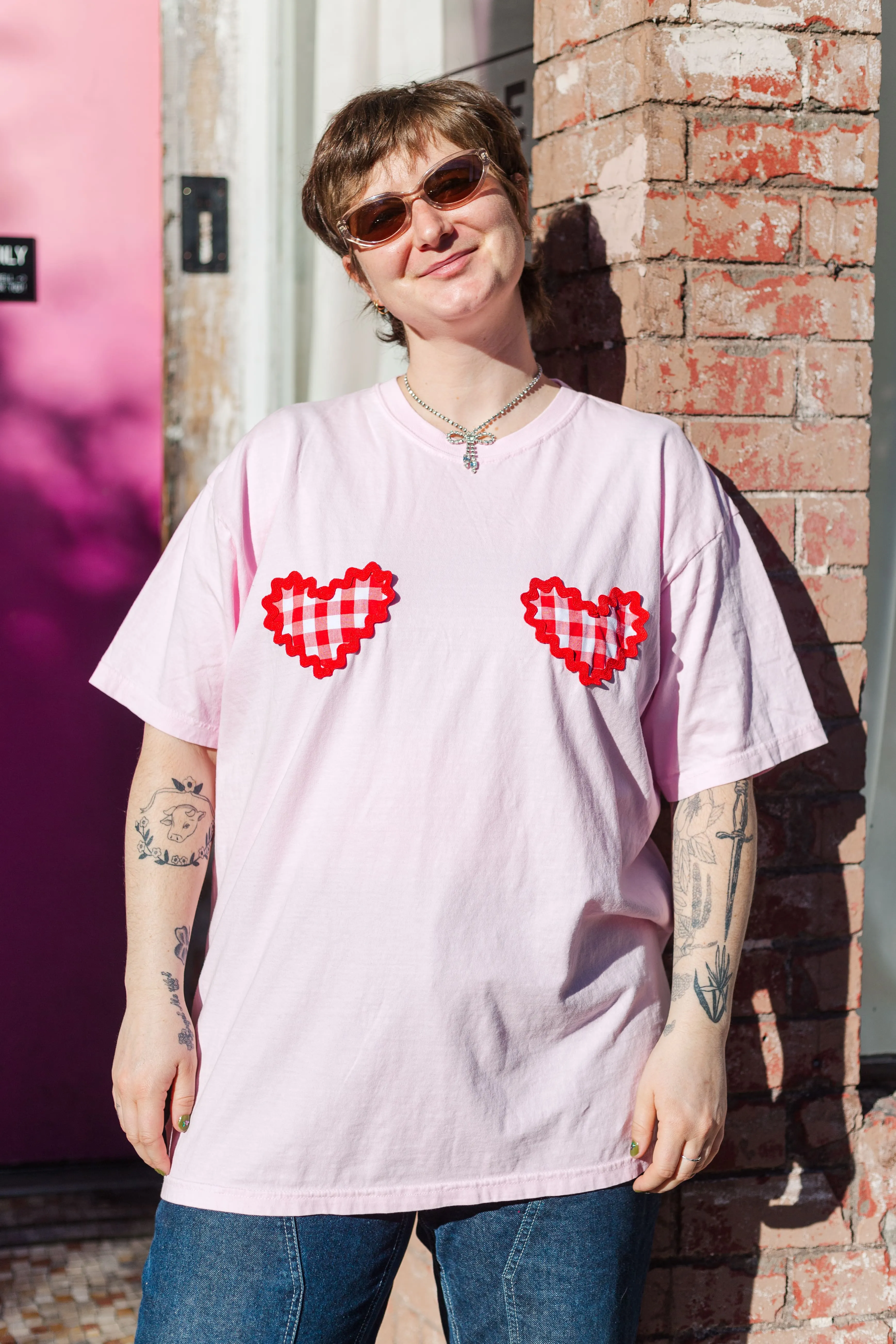 Heart T-Shirt - Pink/Red Gingham Double Heart - Size XL (RTS)