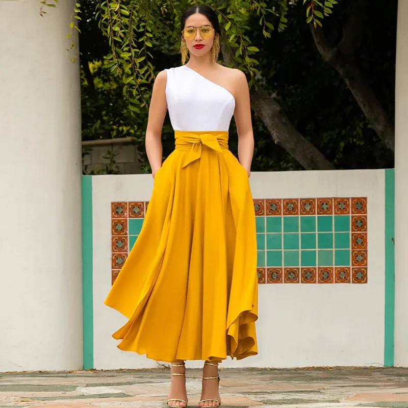 High Waist Asymmetrical Bandage Maxi Skirt - Flare Cut, Pocket Detail