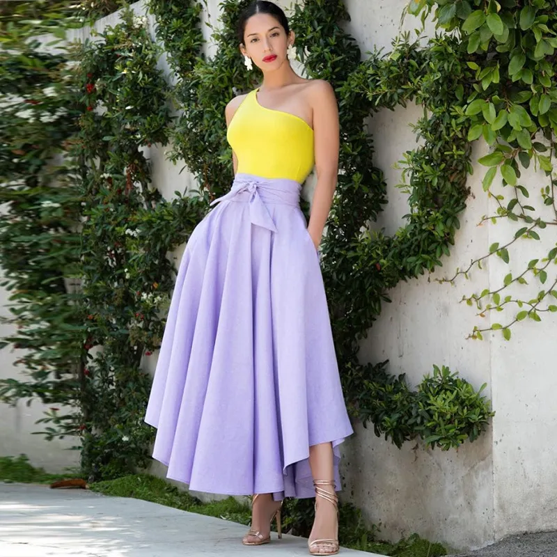 High Waist Asymmetrical Bandage Maxi Skirt - Flare Cut, Pocket Detail