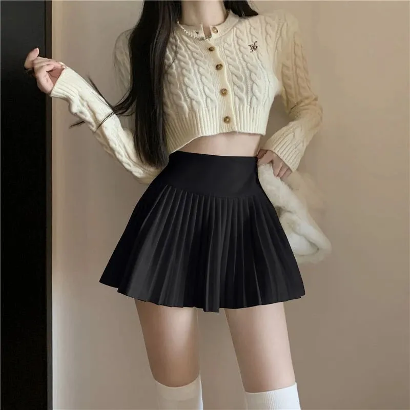 High Waist Womens Sexy Mini Skirts Side Zipper Vintage Pleated Skirt Korean Student White Tennis Skirts Short Black