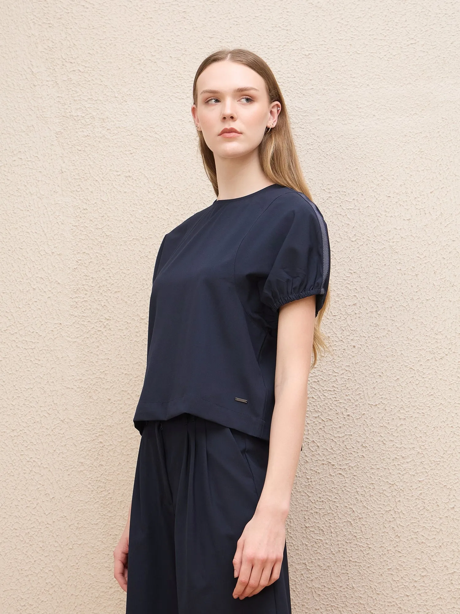 Iconic Women Blue Solid Round Neck Top