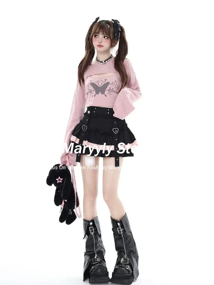 JazzHer Japanese Kawaii Mini Cake Skirts Womens Sweet Patchwork Lolita Sexy High Waist Skirts Y2k Gothic Lace Aesthetic Ruffled Skirts