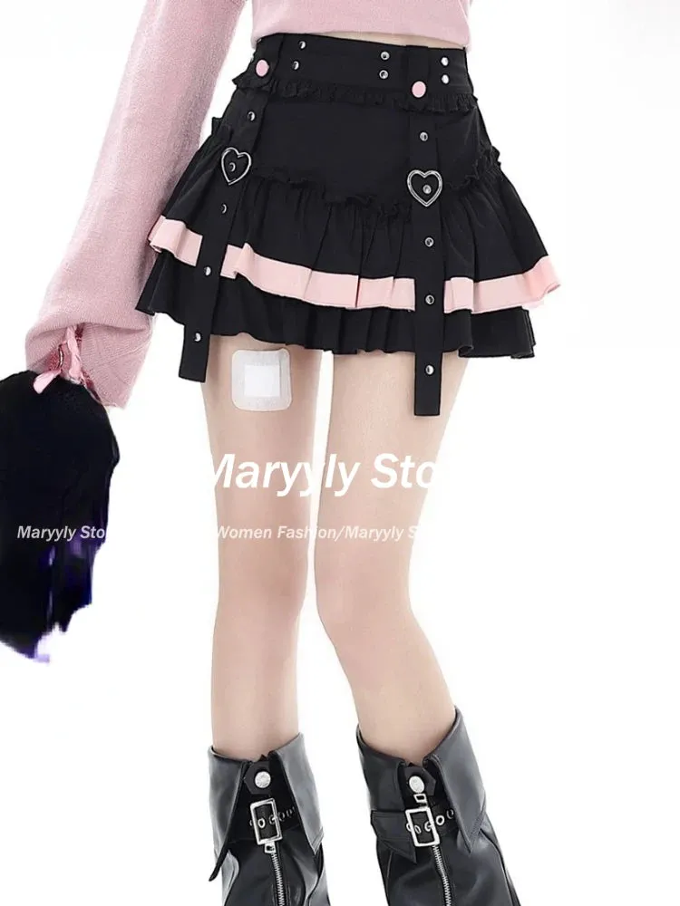 JazzHer Japanese Kawaii Mini Cake Skirts Womens Sweet Patchwork Lolita Sexy High Waist Skirts Y2k Gothic Lace Aesthetic Ruffled Skirts