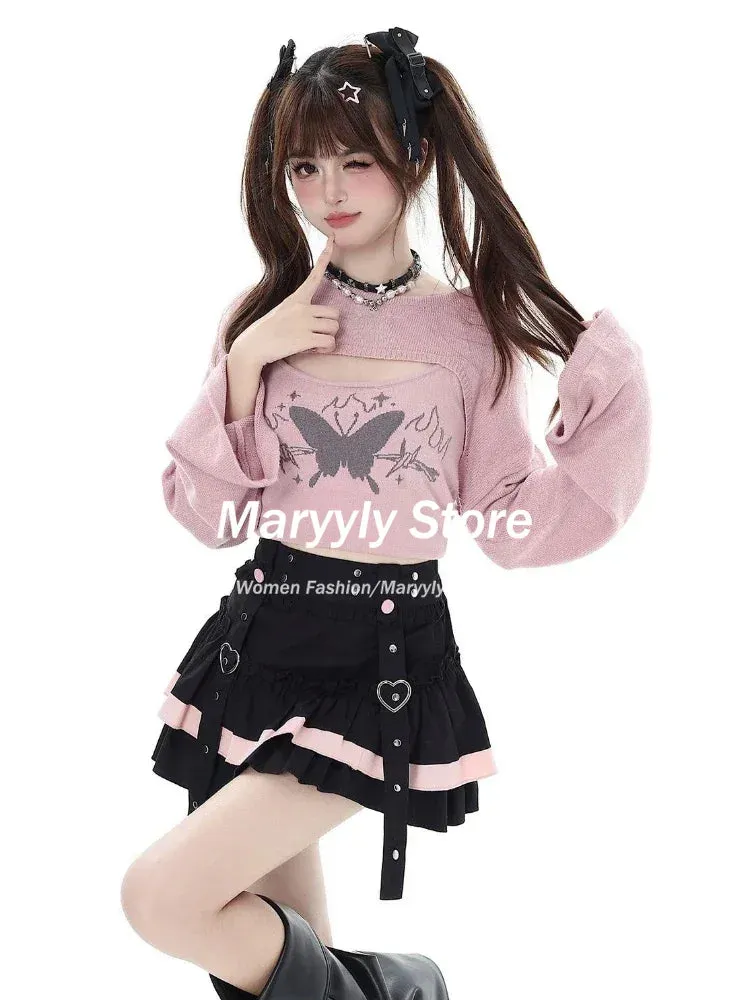 JazzHer Japanese Kawaii Mini Cake Skirts Womens Sweet Patchwork Lolita Sexy High Waist Skirts Y2k Gothic Lace Aesthetic Ruffled Skirts