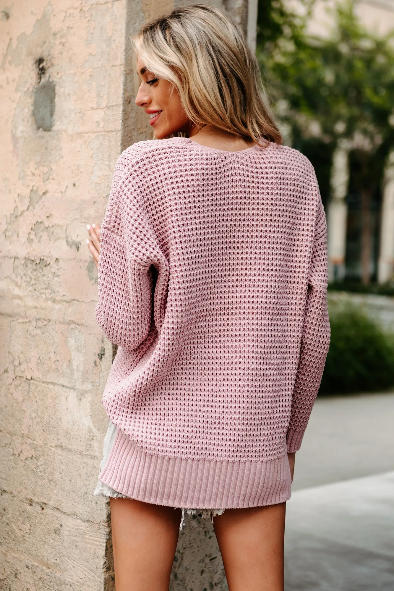 Journey Towards You V-Neck Textured Knit Sweater (Mauve)