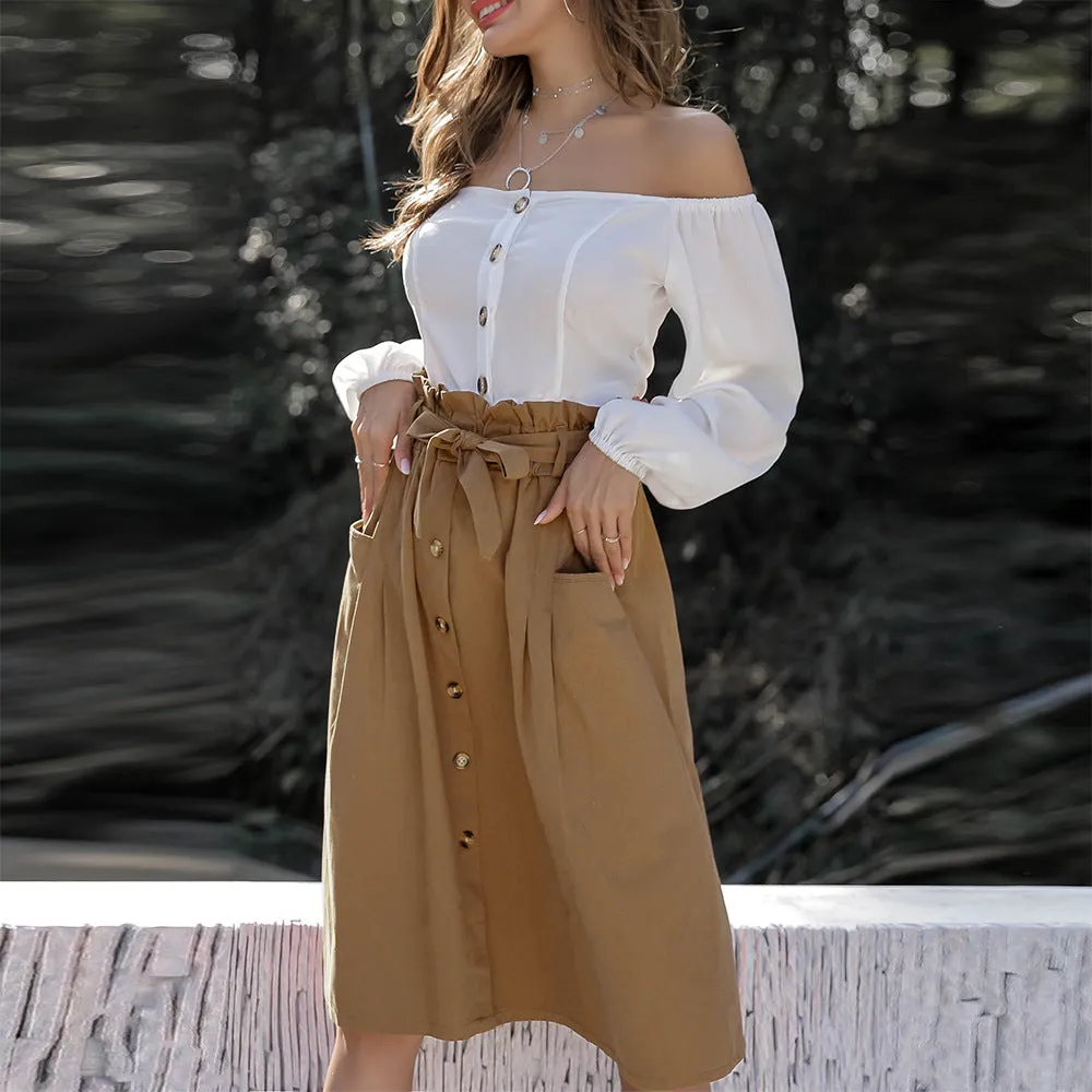 Large Pocket Single-breasted Waistband Bow Tie Skirt