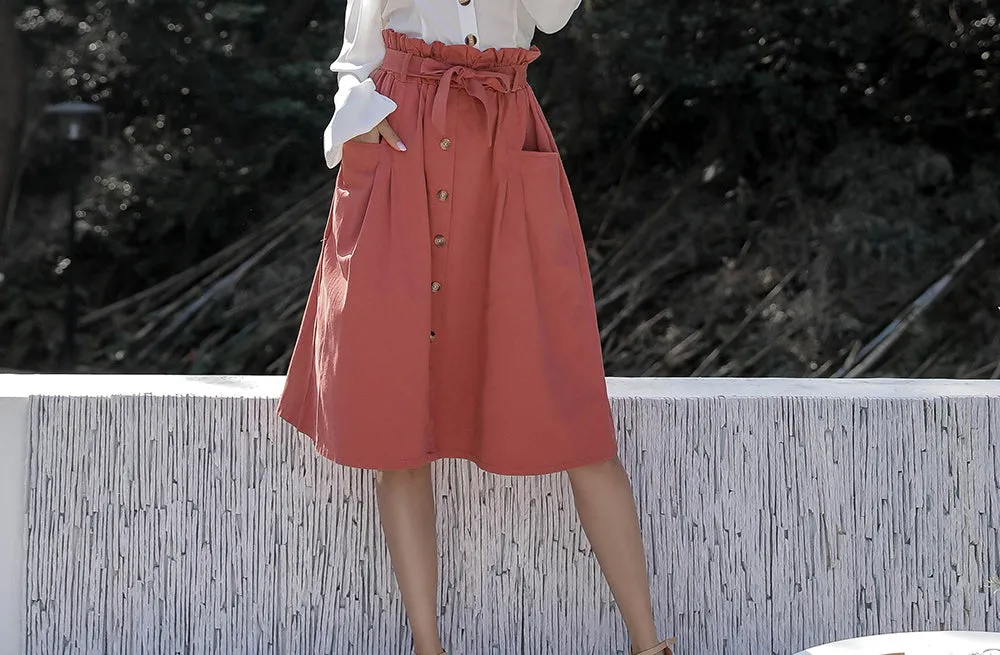 Large Pocket Single-breasted Waistband Bow Tie Skirt