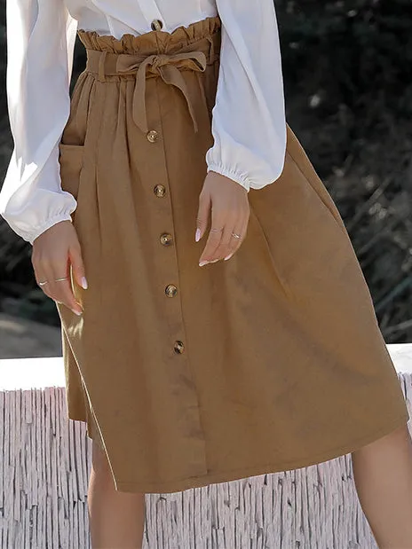 Large Pocket Single-breasted Waistband Bow Tie Skirt