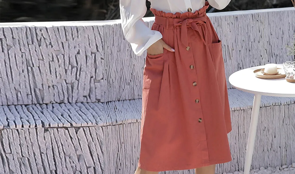Large Pocket Single-breasted Waistband Bow Tie Skirt