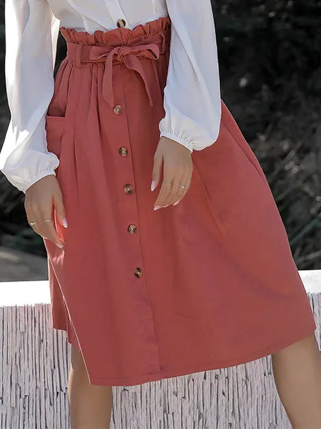Large Pocket Single-breasted Waistband Bow Tie Skirt