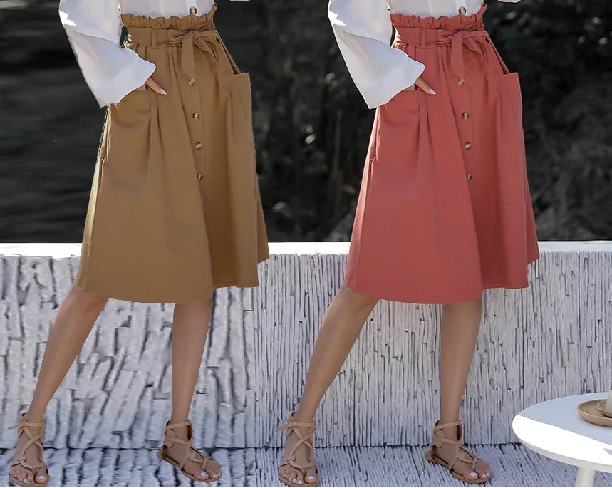 Large Pocket Single-breasted Waistband Bow Tie Skirt