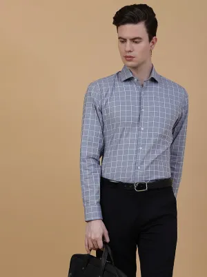 Light Blue Checked Regular Fit Formal Shirt | JadeBlue