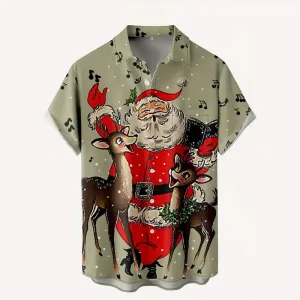 Men's Christmas Cute Santa Claus & Deer Print Shirt