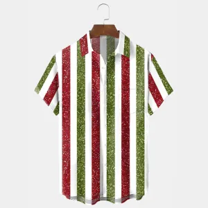 Men's Christmas Stripe Print Holiday Short Sleeve Shirt