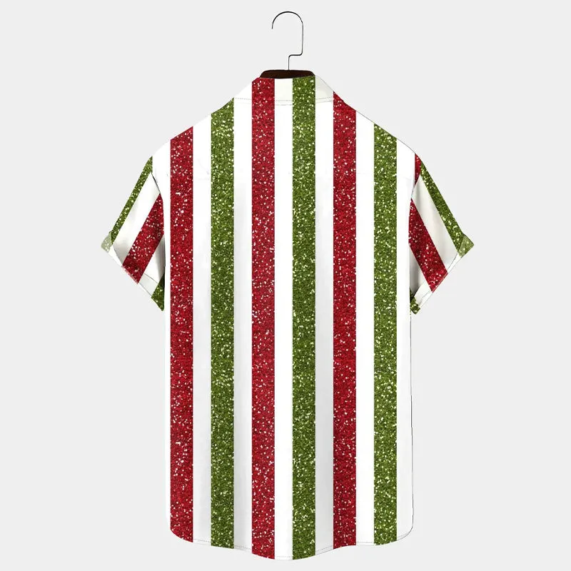 Men's Christmas Stripe Print Holiday Short Sleeve Shirt