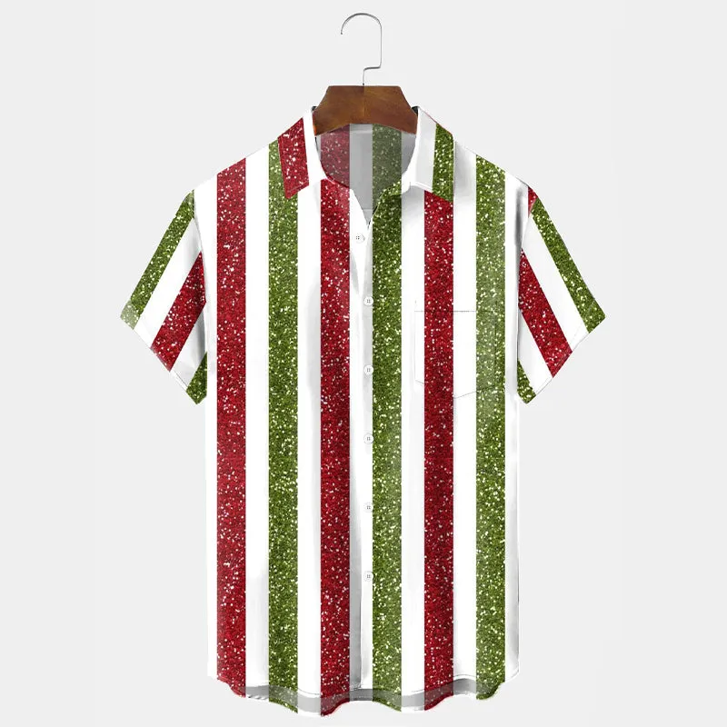 Men's Christmas Stripe Print Holiday Short Sleeve Shirt