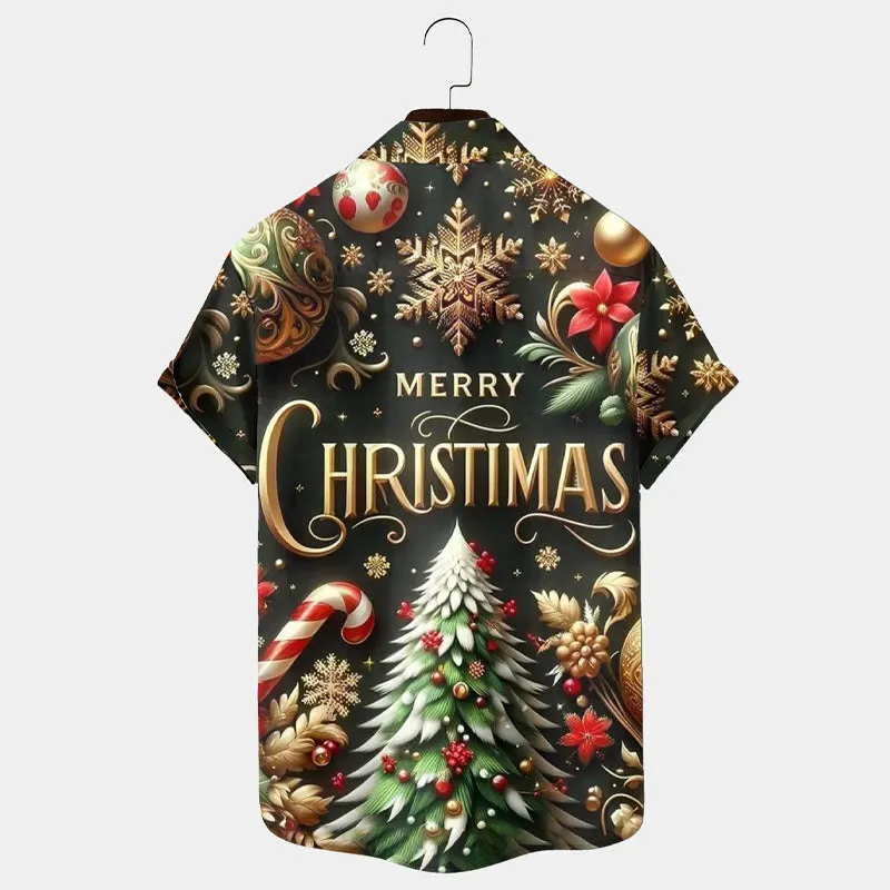 Men's Christmas Tree Print Holiday Short Sleeve Shirt
