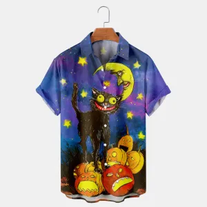 Men's Halloween Cat And Pumpkin Printed Shirt