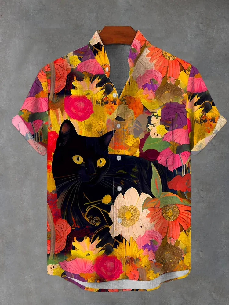 Men's Stand Collar Floral Print Short Sleeve Shirt