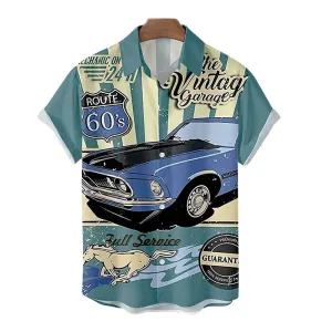 Men's Vintage Car Letter Graphic Short Sleeve Shirt